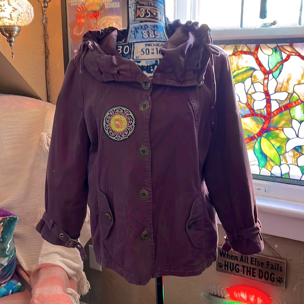 XCVI Purple Jacket repurposed and embellished with Patches - The Zen -Size Large